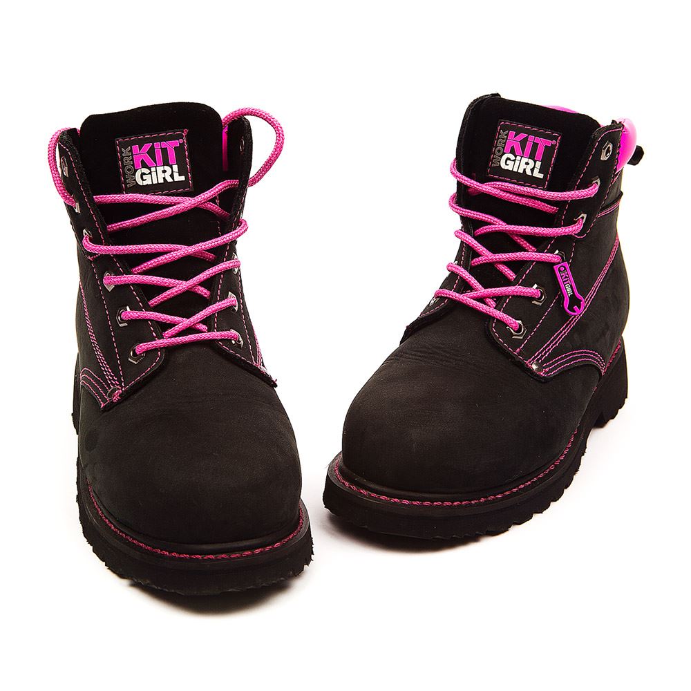 Womens Steel Toe Cap Safety Work Boots - Black/Pink - Work Kit Girl